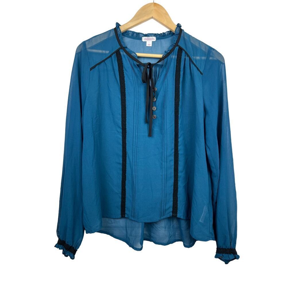 XHILARATION Women's Blue Sheer Long Sleeve Tie Neck Blouse Size Large